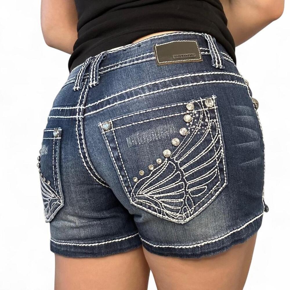 Vintage Petrol Industries Low-Rise Rhinestone Wing Denim Mini Shorts – 27” Waist